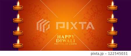 happy diwali orange banner with diya decoration 122545031
