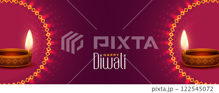 shiny happy diwali banner with realistic diya 122545072