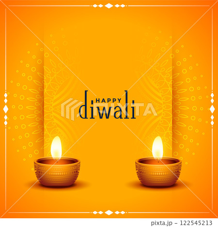 traditional happy diwali orange card with realistic diya traditional happy diwali orange card with realistic diya 122545213