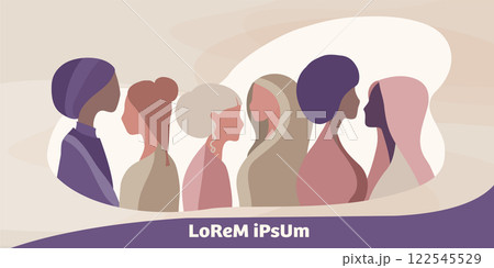 Group silhouette of six multicultural women standing together. International women s day. Empowerment Diversity - inclusion - equality - or girl power or concept. Banner copy space 122545529