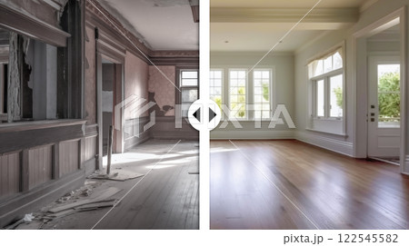 Before and After Slider Comparing Unfinished Construction to Completed Custom Home Interior. Generative AI Images Used. 122545582