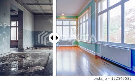Before and After Slider Comparing Unfinished Construction to Completed Custom Office Interior. Generative AI Images Used. 122545583