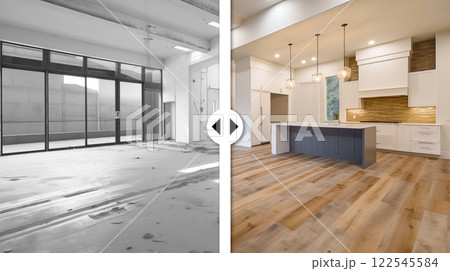 Before and After Slider Comparing Unfinished Construction to Completed Custom Home Interior. Generative AI Images Used. 122545584