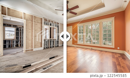 Before and After Slider Comparing Unfinished Construction to Completed Custom Home Interior. Generative AI Images Used. 122545585