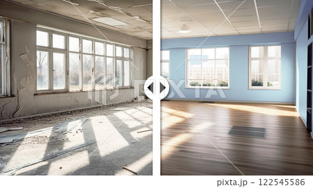 Before and After Slider Comparing Unfinished Construction to Completed Custom Office Interior. Generative AI Images Used. 122545586