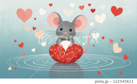 A cute mouse holds a big red heart, sitting on a wooden base. Perfect for Mother's Day or Valentine's Day with space for personal messages 122545611