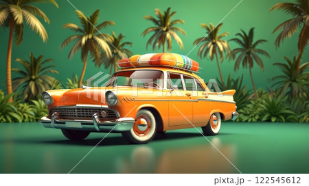 An orange vintage car with a colorful surfboard on top is parked amid tropical palm trees, perfect for summer adventures and beach vibes. 122545612