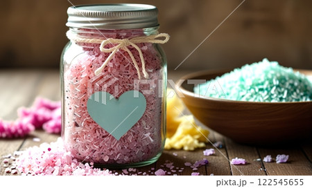 A beautifully styled kitchen countertop featuring a jar of pink sea salt, a pale blue label, and small bowls of assorted bath salts, exuding a natural and clean aesthetic. 122545655