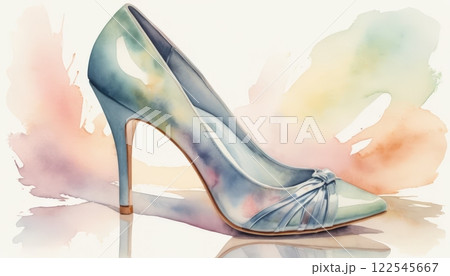 A beautifully rendered watercolor image of a high heel, showcasing soft pastel shades splashed across the background, representing elegance and femininity 122545667