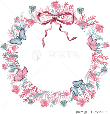 Floral watercolor frame with pink and blue flowers 122545687