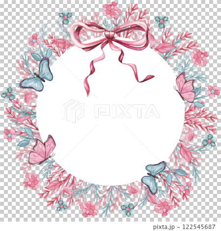 Floral watercolor frame with pink and blue flowers 122545687