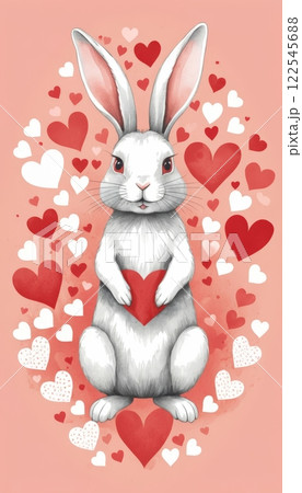 An adorable rabbit holds a heart with a playful expression, surrounded by colorful hearts. Perfect for Valentine's Day or Mother's Day, with room for custom text.  122545688