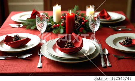 A beautifully set Christmas dining table features red napkins, pine cones, and candles, creating a warm and festive holiday atmosphere. 122545745