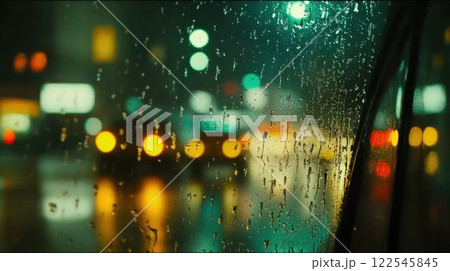 Rainy city scene viewed through a car window. 122545845