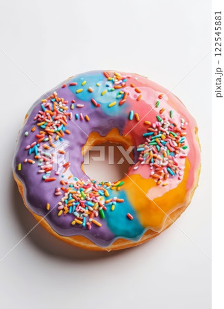 A delicious donut with vibrant purple, pink, and blue icing, topped with colorful sprinkles, perfect for food blogs, dessert promotions, or sweet treat advertisements. 122545881