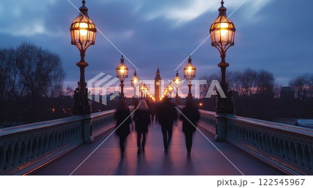 Silhouetted figures on a bridge at dusk. 122545967