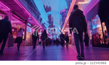 Vibrant urban scene with neon lights and pedestrians. 122545968
