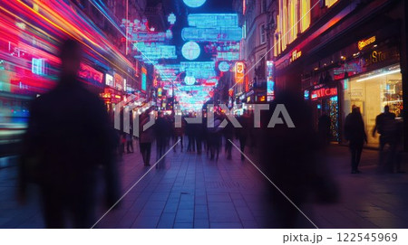 Busy street illuminated with vibrant lights. 122545969