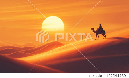 Camel rider at sunset in a desert landscape. Camel rider at sunset in a desert landscape. 122545980
