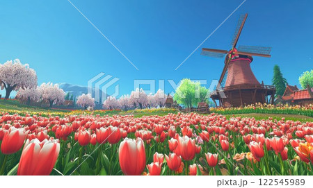 Scenic landscape with tulips and a windmill. 122545989
