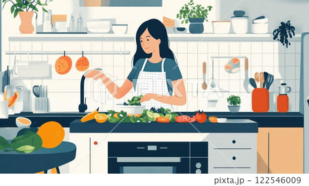 Woman cooking in a bright kitchen with fresh ingredients. 122546009