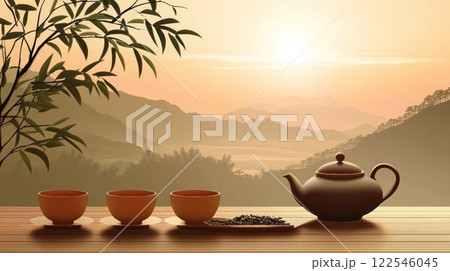 Serene tea setting with mountains at sunset. Serene tea setting with mountains at sunset. 122546045