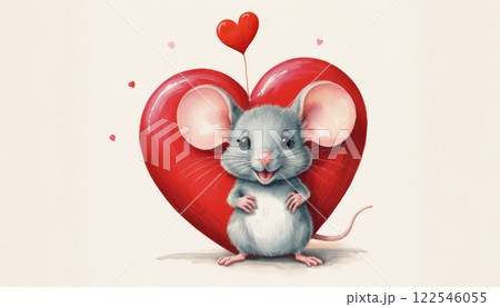A cute mouse stands in front of a large red heart, showcasing joy and love. Perfect for Mother's Day or Valentine's Day, with space for personal messages 122546055