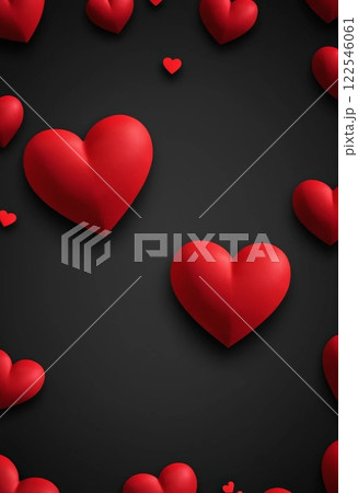 A vibrant arrangement of red hearts set against a dark background, perfect for expressing love and affection in romantic designs, greeting cards, and Valentine's Day themes 122546061