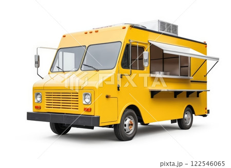A vibrant yellow food truck with open serving windows, designed for street food vendors. Perfect for cuisine-related projects, catering services, or food business promotions.  122546065