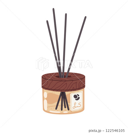Aromatic diffuser with bamboo sticks. Home perfume diffuser bottle with fresh scents, aromatherapy essential oils and liquids flat vector illustration. Aroma diffuser jar on white background 122546105