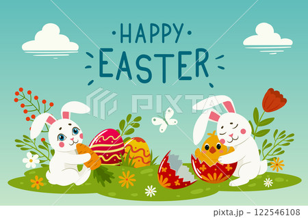 Cartoon Easter holiday poster. Happy Easter colorful card with Easter bunnies and painted eggs flat vector background illustration. Festive easter backdrop 122546108