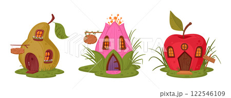 Cartoon fairytale houses. Flower bud, apple and pear fruit cabins, magic fairy little cottages flat vector illustration set. Fantasy cute houses 122546109