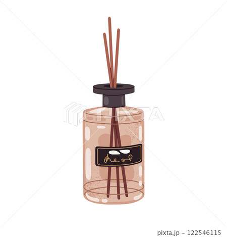 Diffuser with bamboo sticks. Home aromatic diffuser jar with fresh scent, aromatherapy essential oils and liquids flat vector illustration. Aroma diffuser bottle on white Diffuser with bamboo sticks. Home aromatic diffuser jar with fresh scent, aromatherapy essential oils and liquids flat vector illustration. Aroma diffuser bottle on white 122546115
