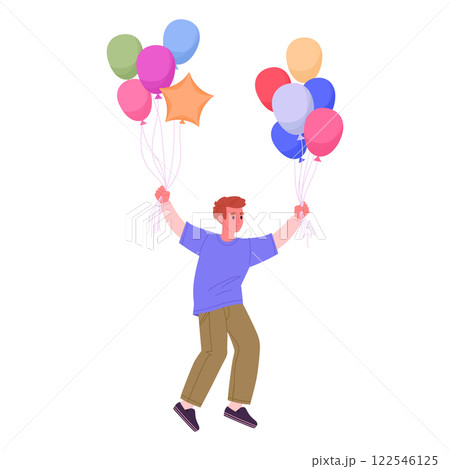Jumping male character. Cheerful guy with helium balloons, young man floating with colorful balloons flat vector illustration. Happy boy with balloons 122546125