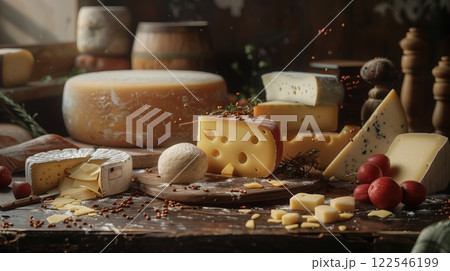Scene of an elegant cheese board featuring a variety of artisan cheeses 122546199