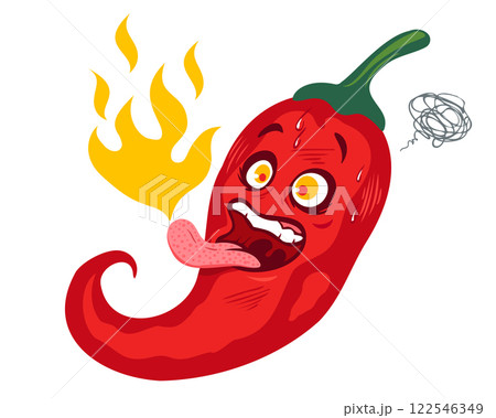 Vector illustration of a spicy chilli pepper with flame. Cartoon red chili and fire for Mexican or Thai food. Vector illustration of a spicy chilli pepper with flame. Cartoon red chili and fire for Mexican or Thai food. 122546349