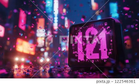 Midnight countdown clock with confetti in vibrant city. 122546361