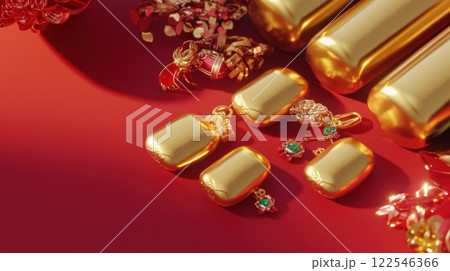 Gold jewelry and cases on red background. Gold jewelry and cases on red background. 122546366