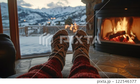 Cozy winter scene feet in warm socks by fireplace, snowy mountain view. (1) 122546377