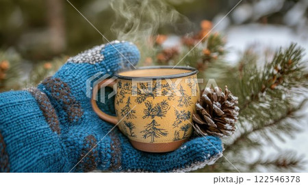 Steaming mug in gloved hand, winter scene. 122546378