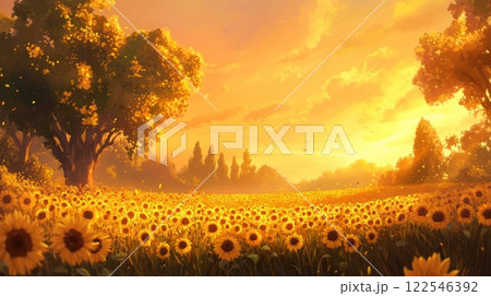 Sunflowers blooming in a field at sunset. 122546392