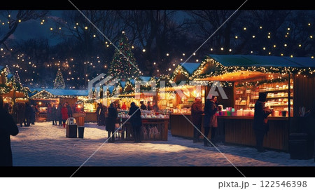 Magical Christmas market at night, snow-covered stalls, twinkling lights, and happy shoppers. 122546398