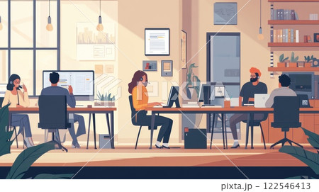 Diverse team working in a modern, sunlit office with computers and plants. Diverse team working in a modern, sunlit office with computers and plants. 122546413