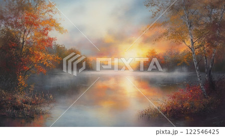 Serene autumn sunset over misty lake reflecting warm colors of foliage. Serene autumn sunset over misty lake reflecting warm colors of foliage. 122546425