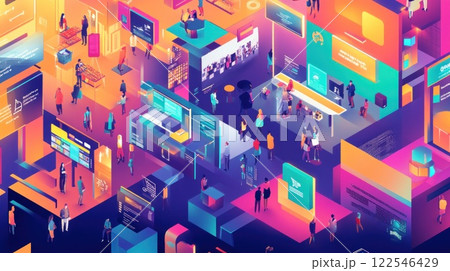 Isometric illustration of a bustling digital expo with diverse attendees interacting at various interactive displays and booths. Isometric illustration of a bustling digital expo with diverse attendees interacting at various interactive displays and booths. 122546429