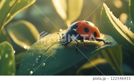 Ladybug on a leaf with morning dew, sunlit. Ladybug on a leaf with morning dew, sunlit. 122546433
