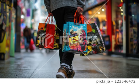 Person walking down a city street carrying multiple shopping bags. 122546472