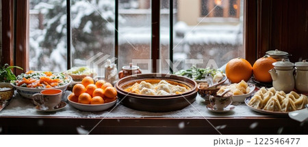Festive winter food scene on a snow-covered windowsill. 122546477