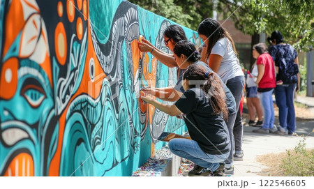 Women collaboratively paint a vibrant mural outdoors, showcasing community art and cultural expression. 122546605