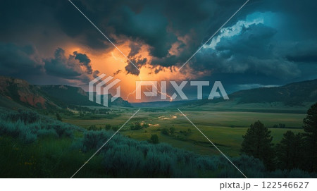 Dramatic lightning storm over a valley at sunset. 122546627
